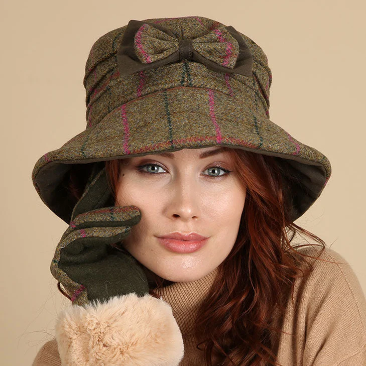 Women's Abraham Moon Tweed Check Bucket Hat with Bow - Image 7