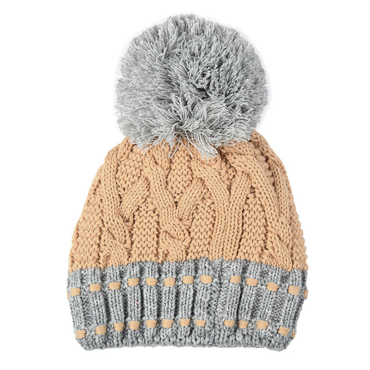 Women's Cable Knit Bobble Hat with Colour Contrast Details and Large Yarn Pom Pom