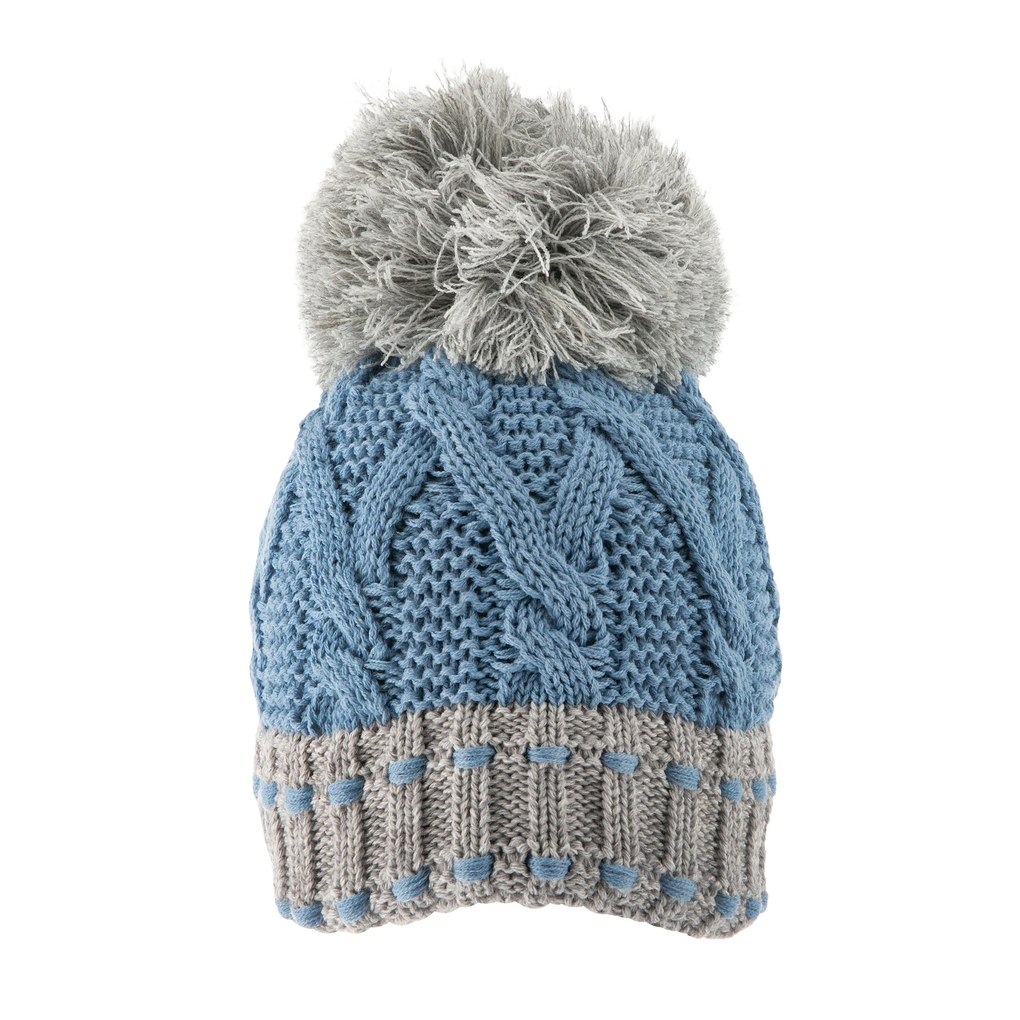 Women's Cable Knit Bobble Hat with Colour Contrast Details and Large Yarn Pom Pom - Image 3