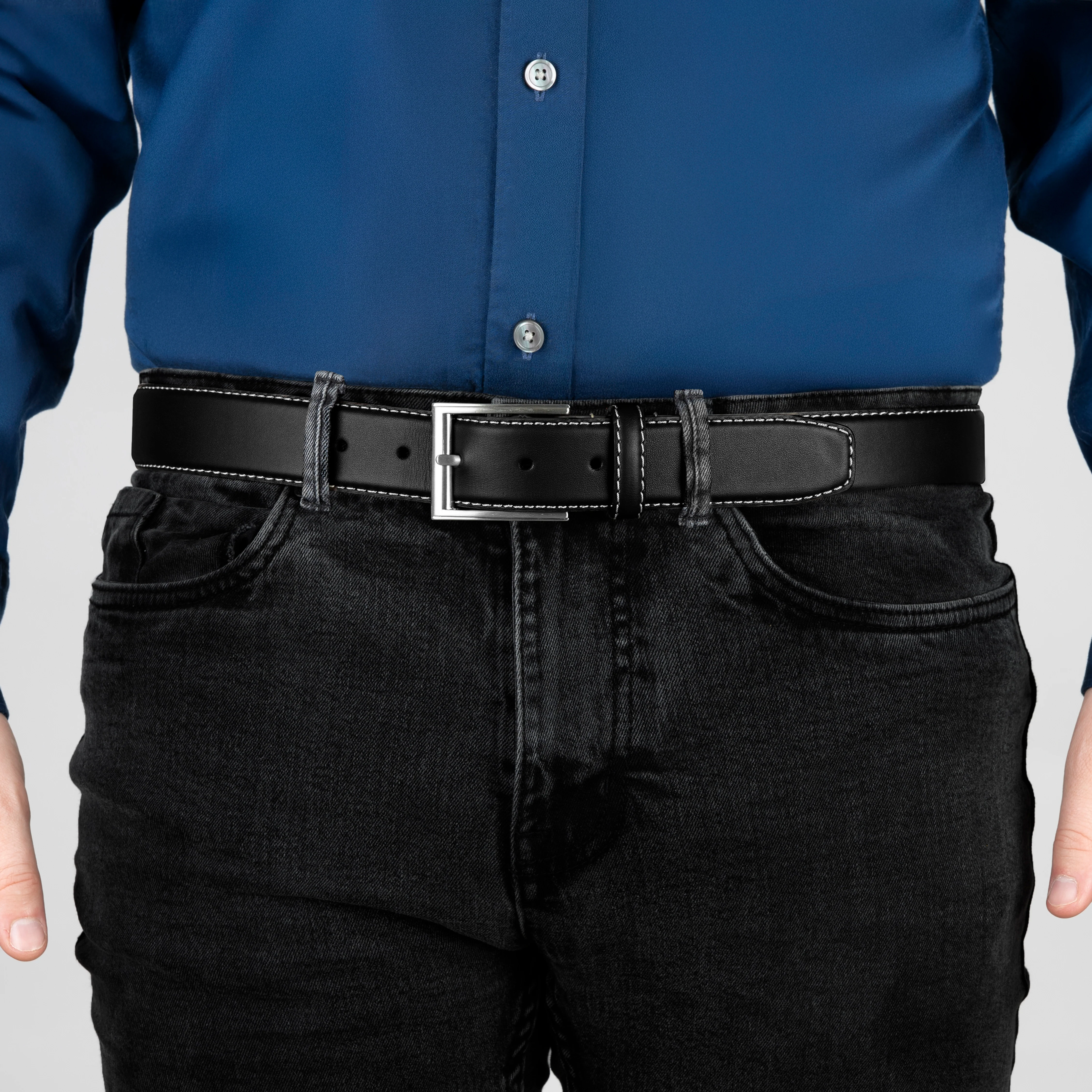 Men's Full-Grain Leather Belt with Satin Nickel Buckle and Contrast Stitching - Image 4