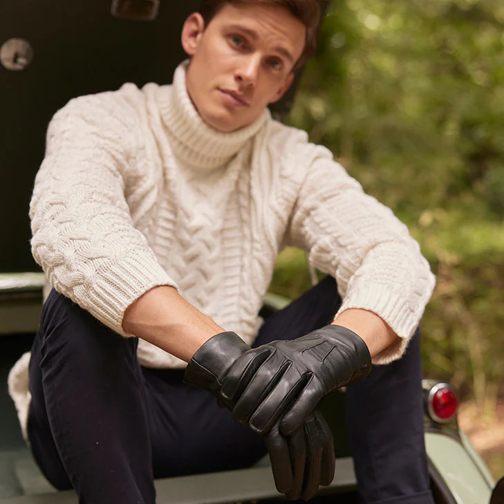 Men's Three-Point Cashmere-Lined Leather Gloves - Image 2