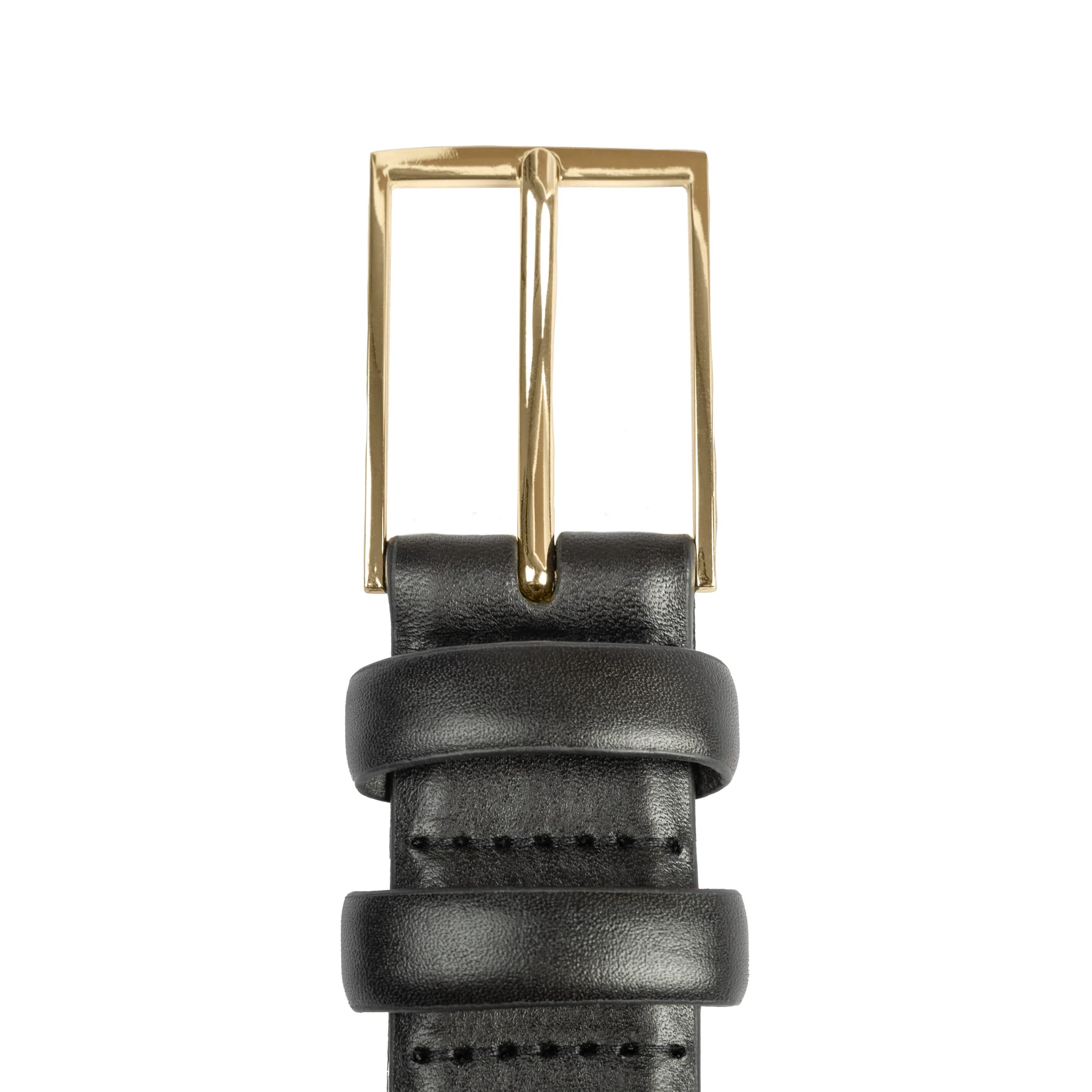 Men's Lined Leather Belt with Shiny Gold Buckle - Image 3
