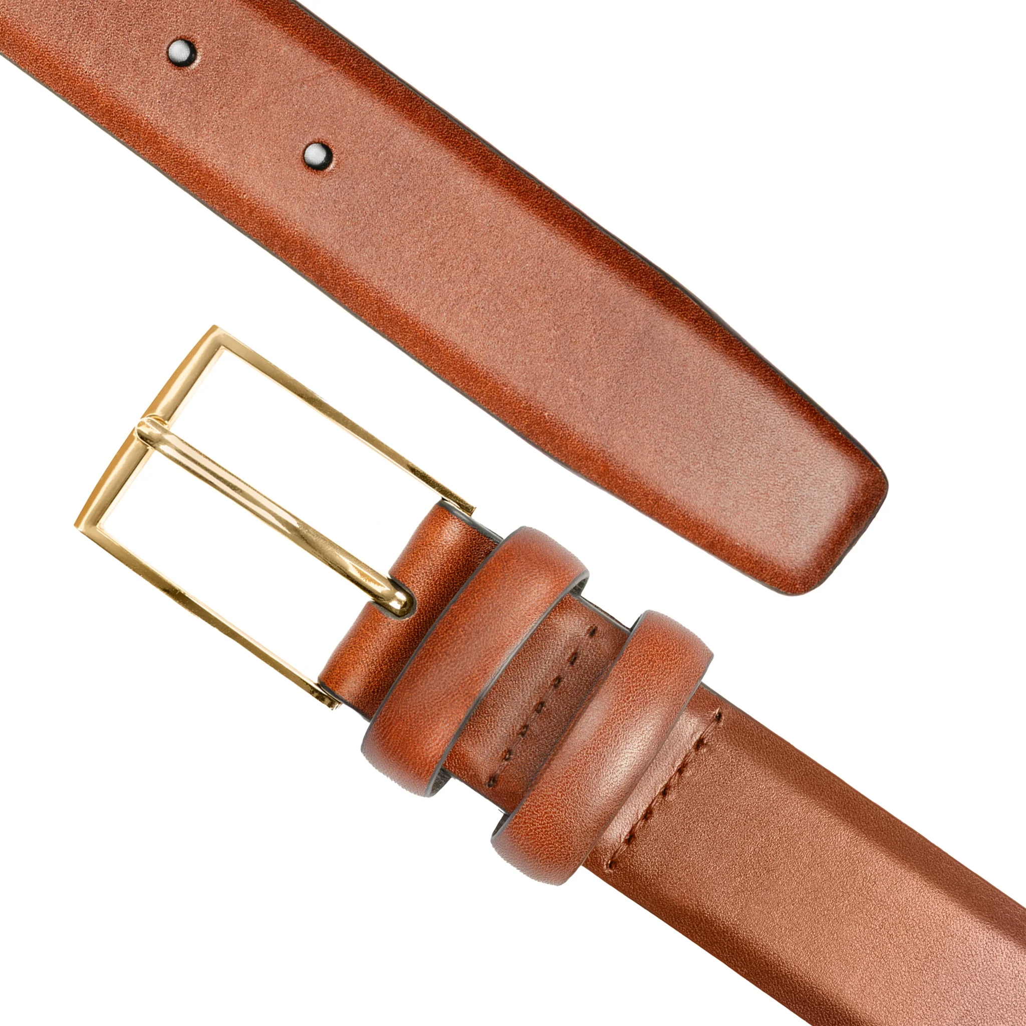 Men's Lined Leather Belt with Shiny Gold Buckle - Image 8
