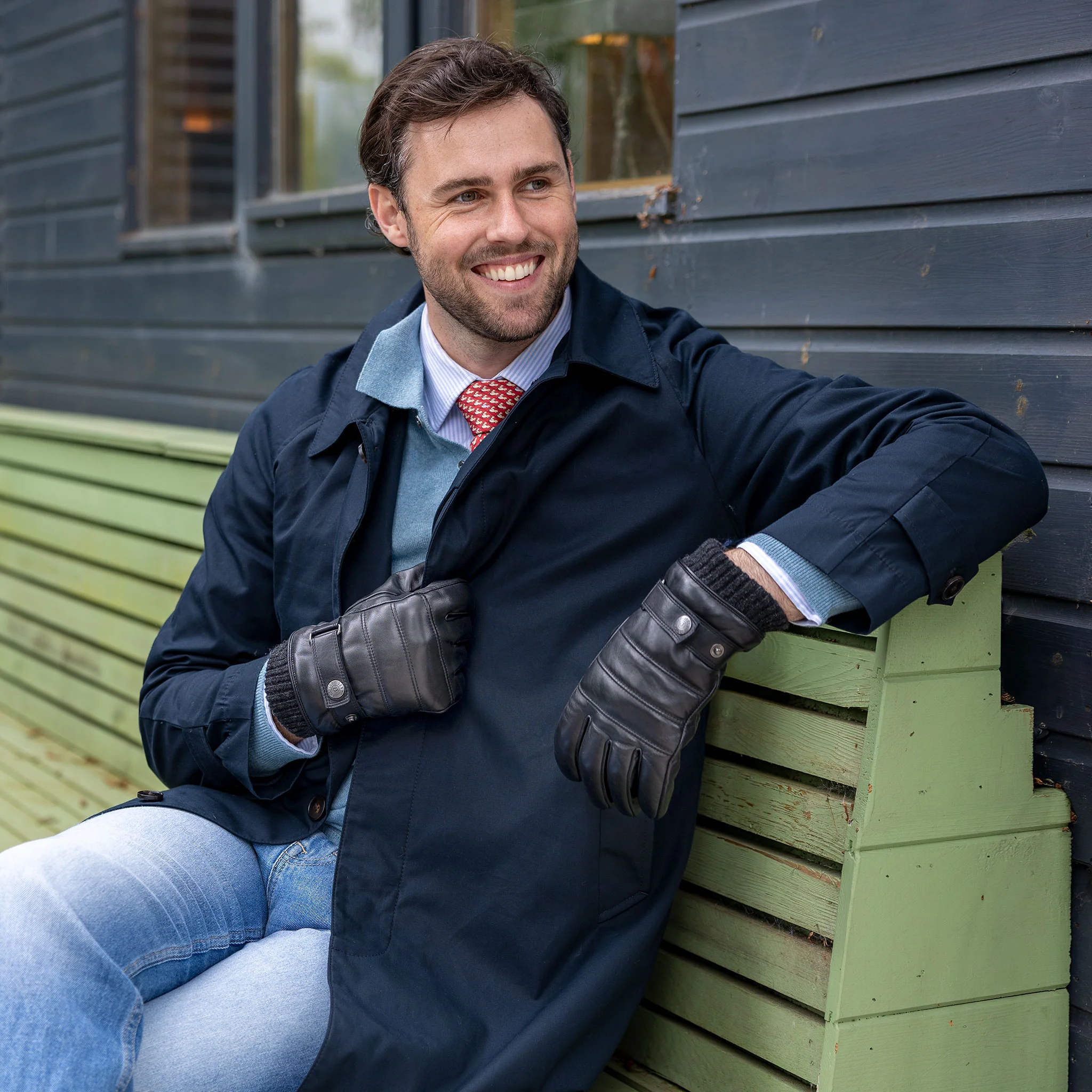 Men's Water-Resistant Faux Fur-Lined Leather Gloves with Stitch Detail and Knitted Cuffs - Image 2