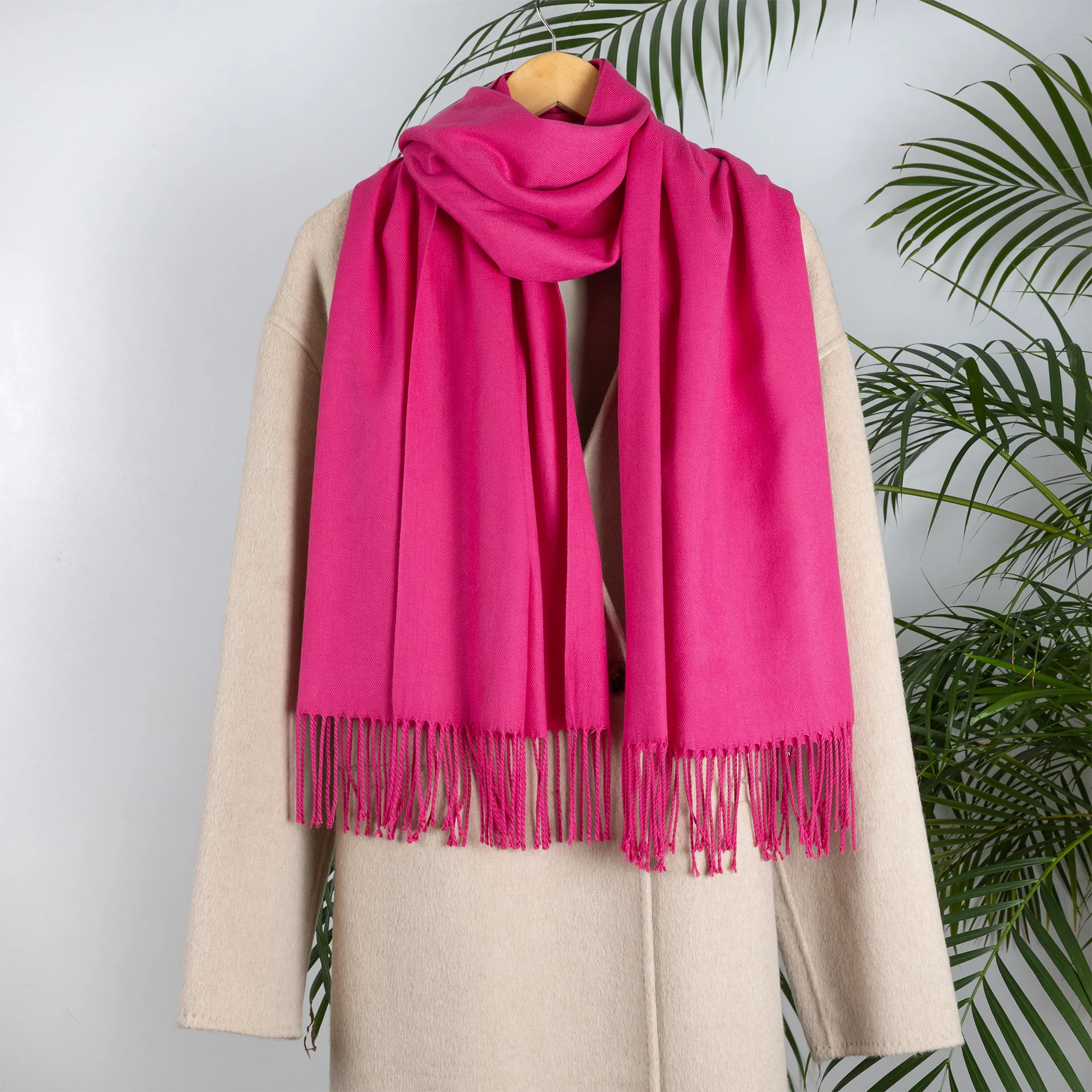 Women's Plain Pashmina Shawl with Tassels - Image 36