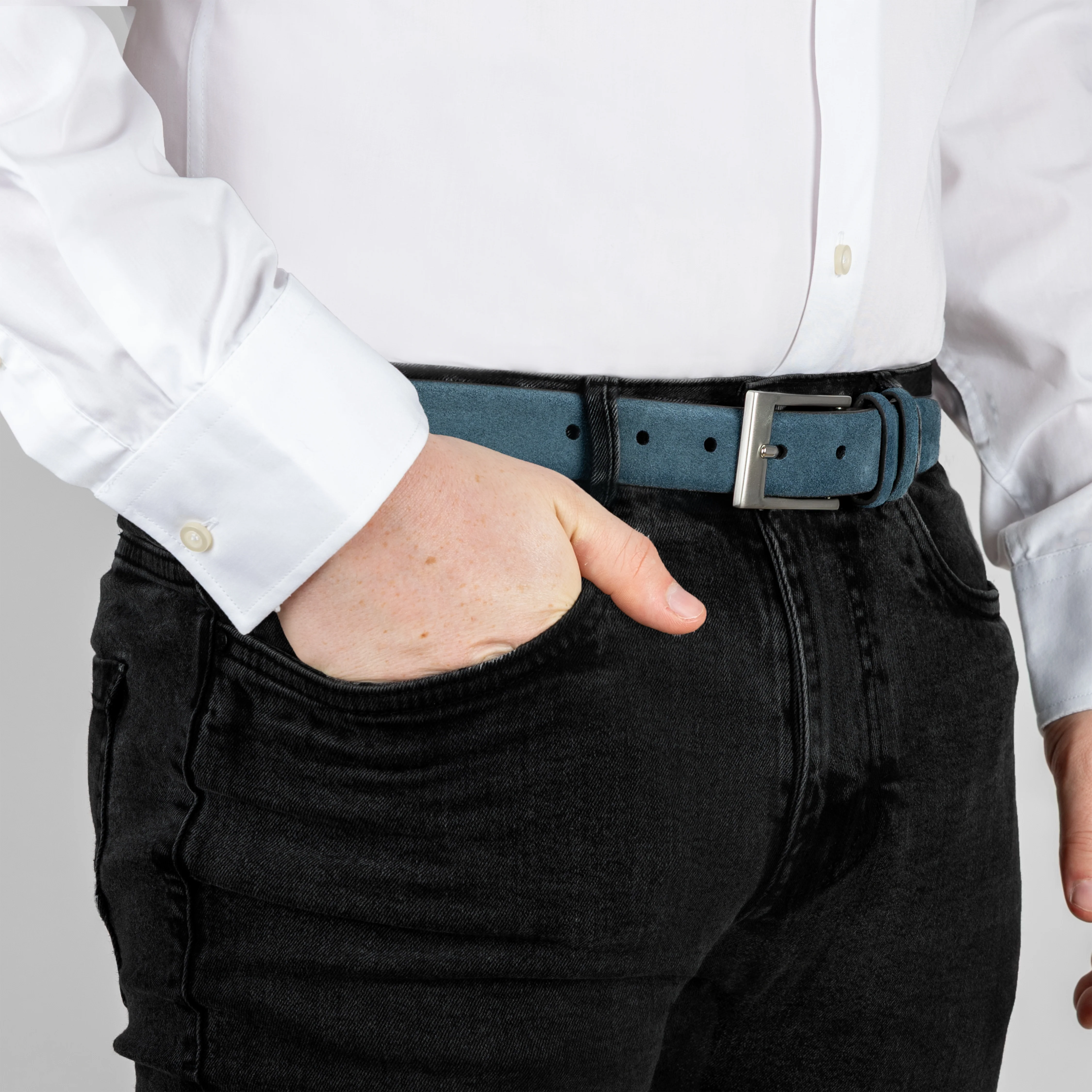 Men's Lined Suede Belt with Brushed Silver Buckle - Image 12