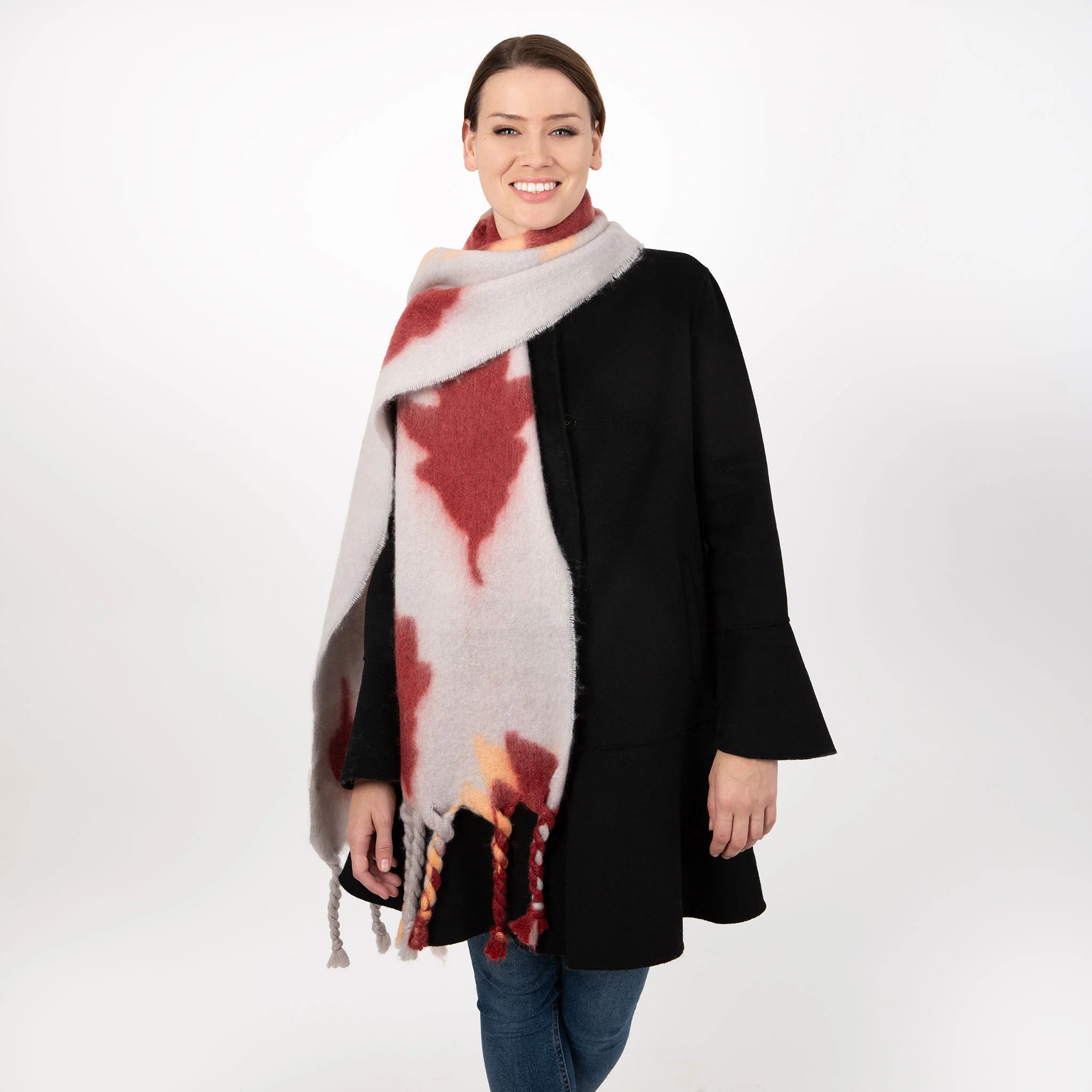 Women’s Abstract Leaf Pattern Blanket Scarf with Tassels - Image 3