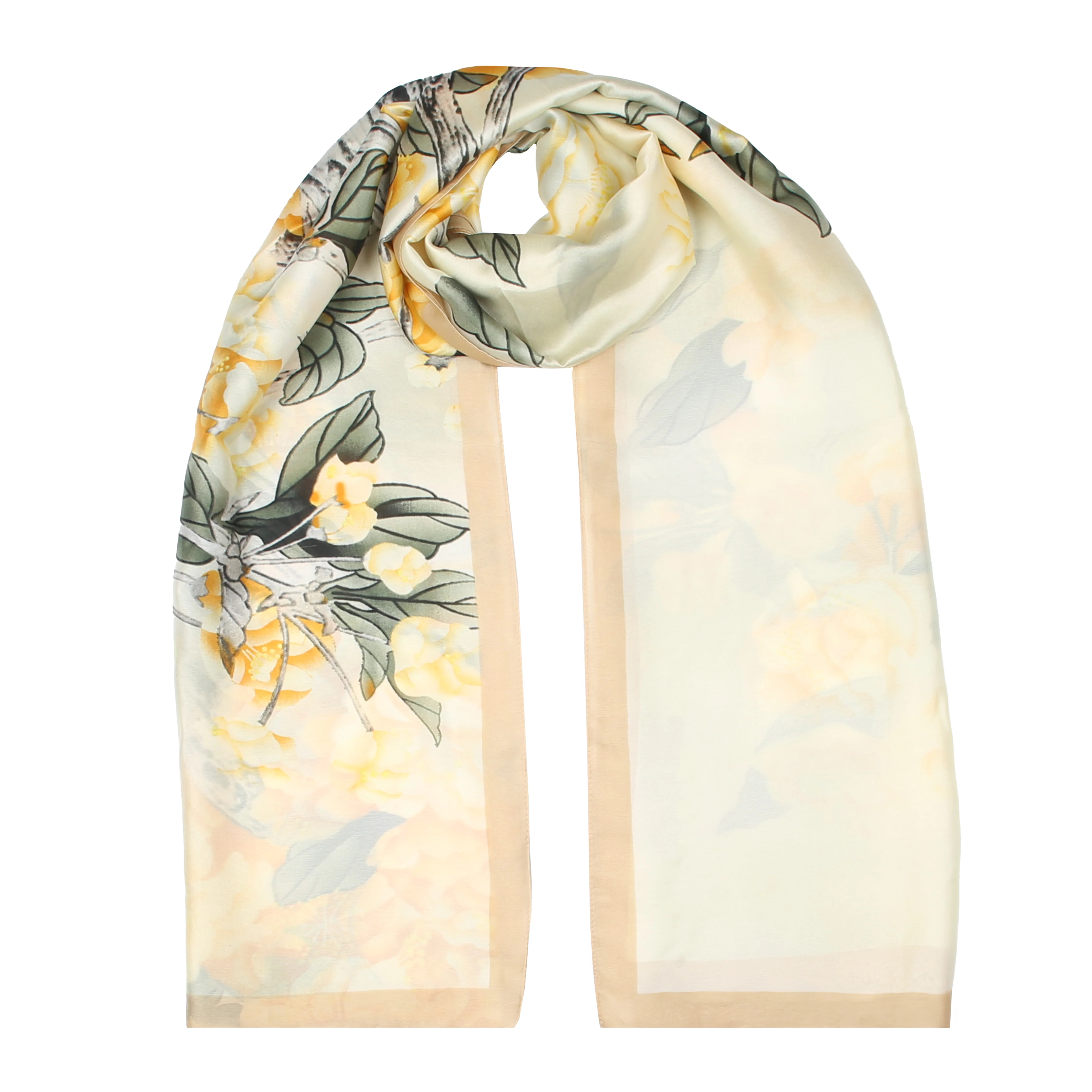 Women’s Botanical Print Silk-Like Lightweight Scarf with Border
