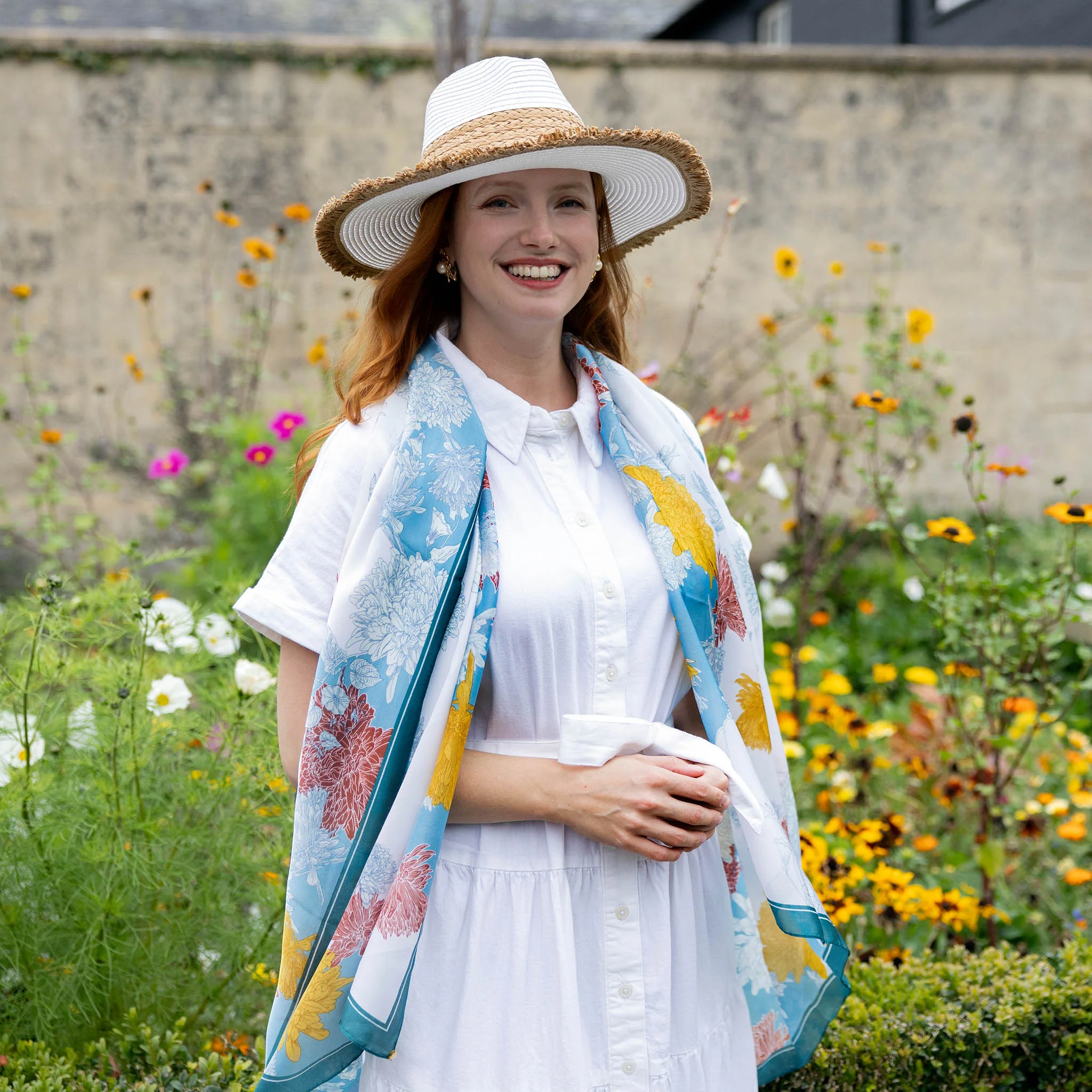 Women’s Chrysanthemum Print Silk-Like Lightweight Scarf with Double Border - Image 2