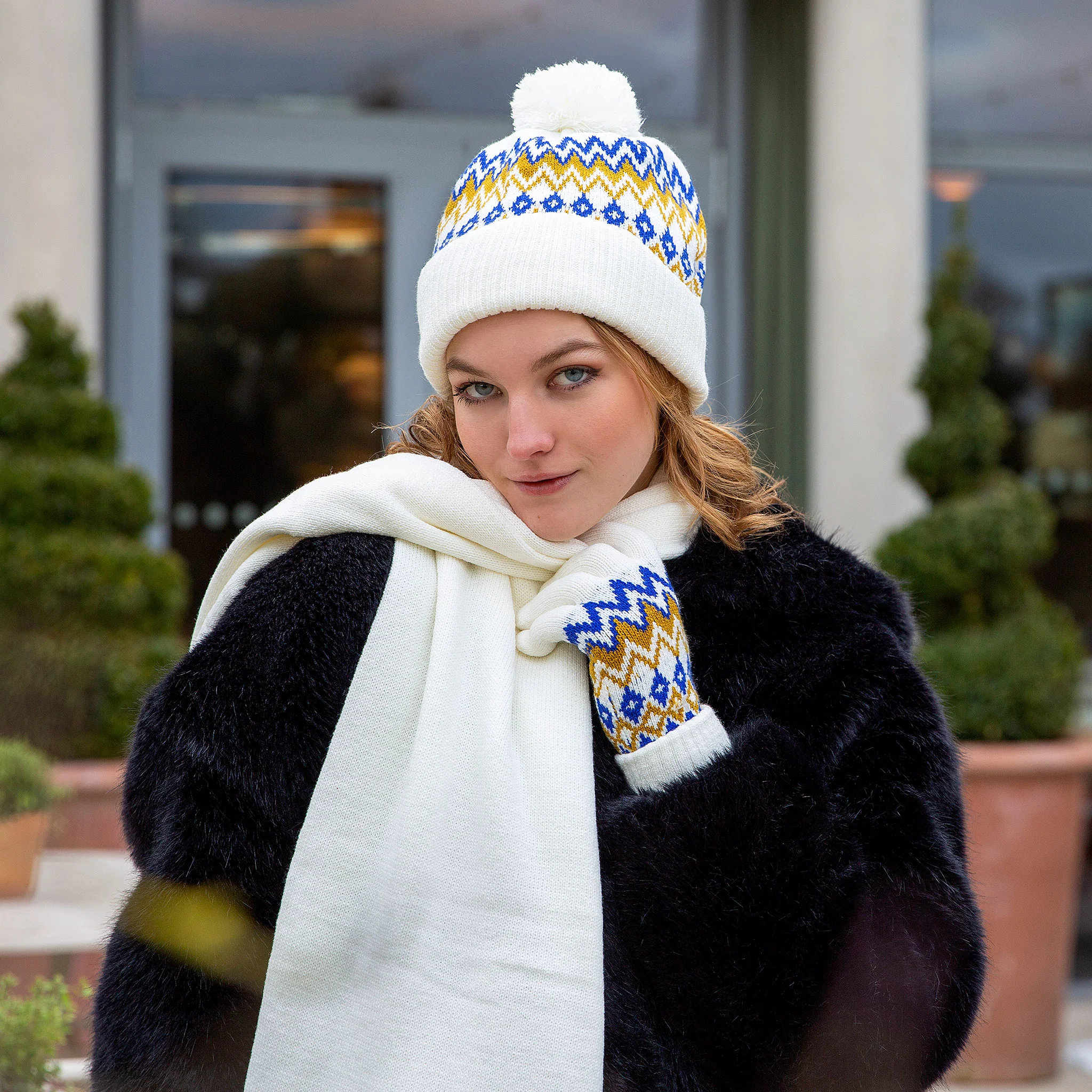 Women’s Jacquard Fair Isle Knitted Bobble Hat with Yarn Pom Pom - Image 2