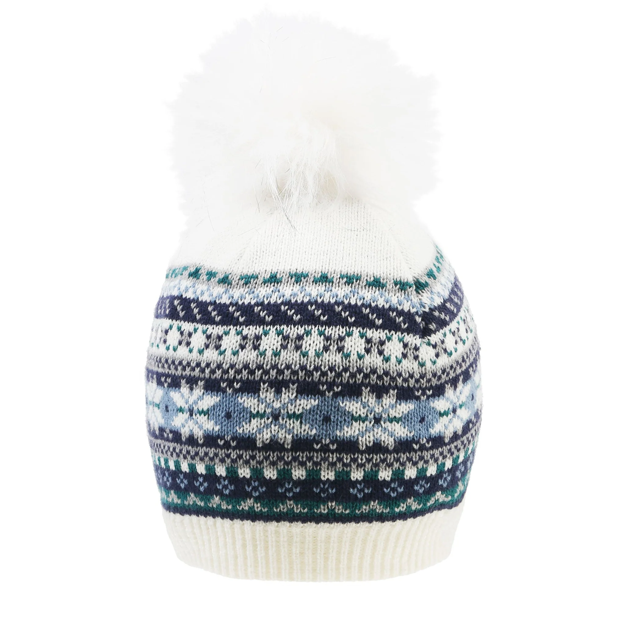 Women’s Jacquard Fair Isle Knitted Bobble Hat with Faux Fur Pom Pom