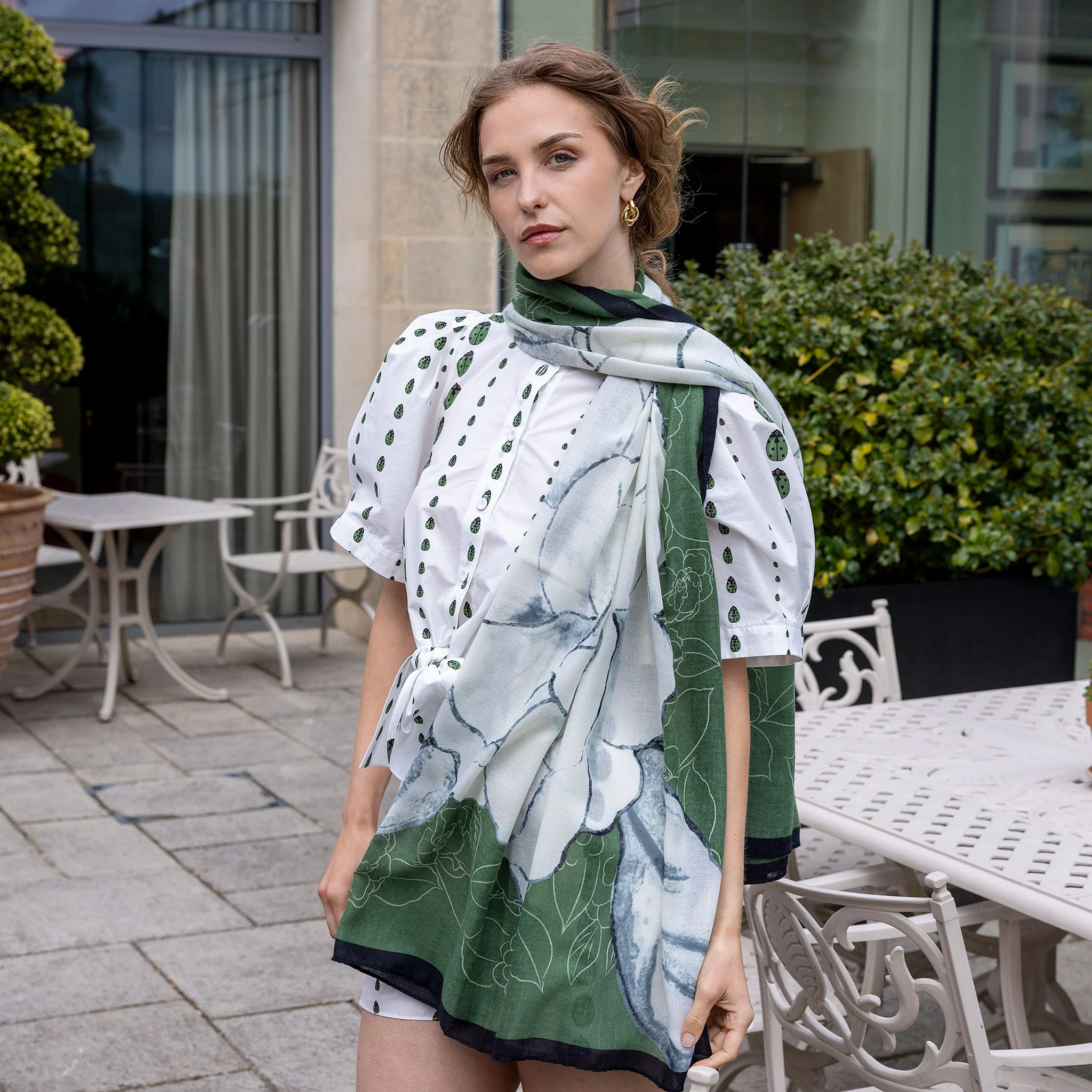 Women’s Peony Floral Print Lightweight Scarf with Border - Image 2