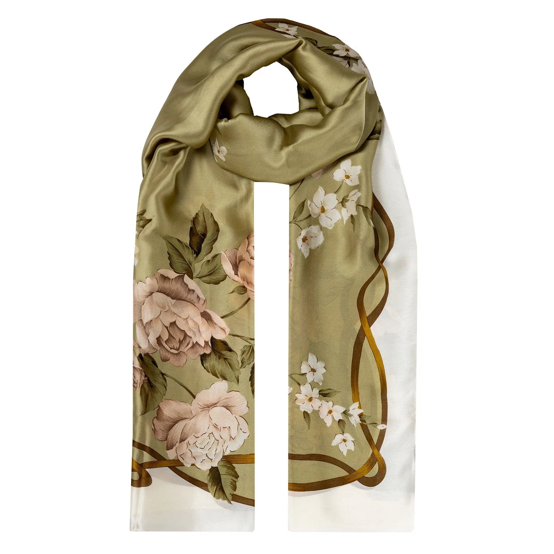 Women’s Roses and Blossom Print Silk-Like Lightweight Scarf with Wavy Borders - Image 5