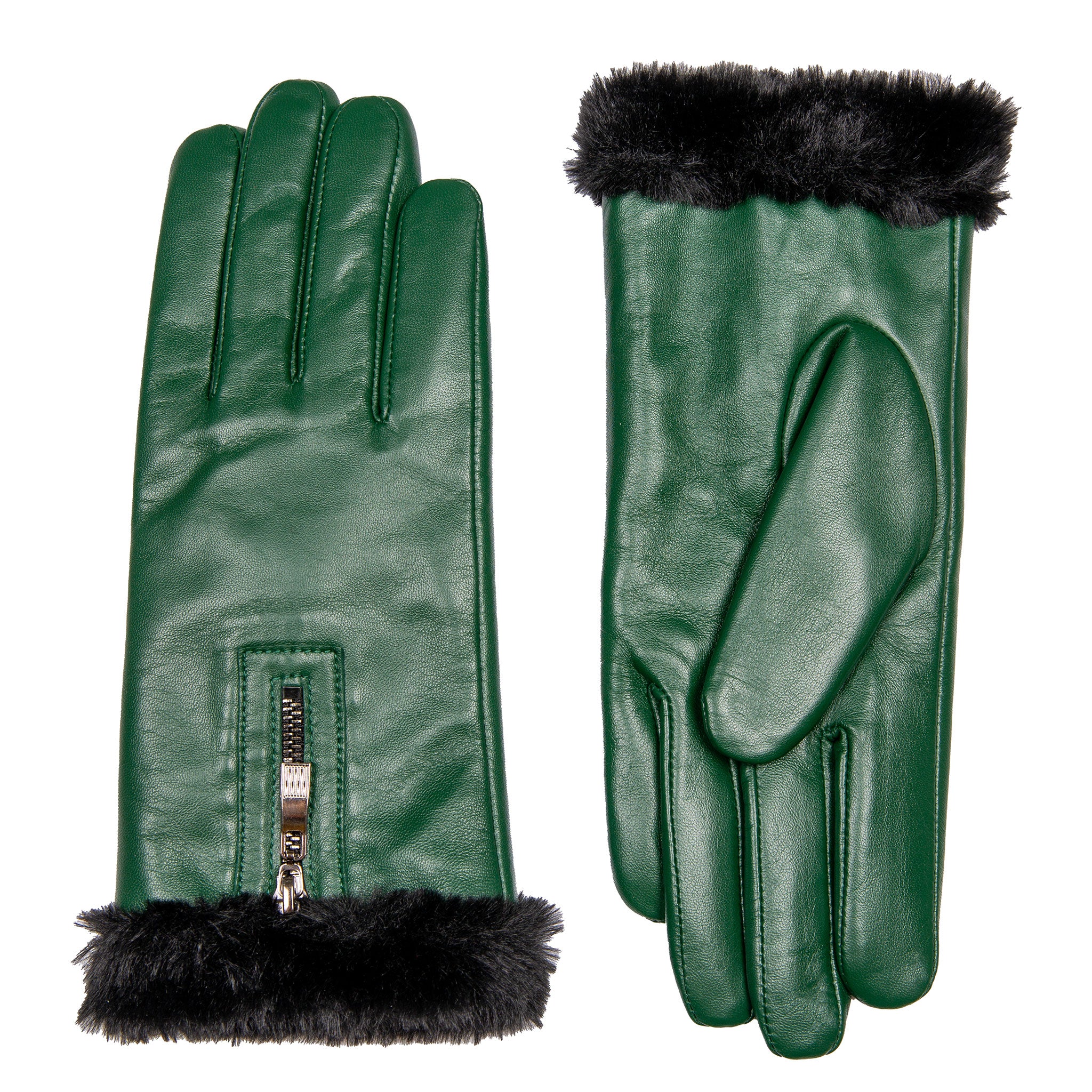 Women’s Touchscreen Faux Fur-Lined Leather Gloves with Zip - Image 14