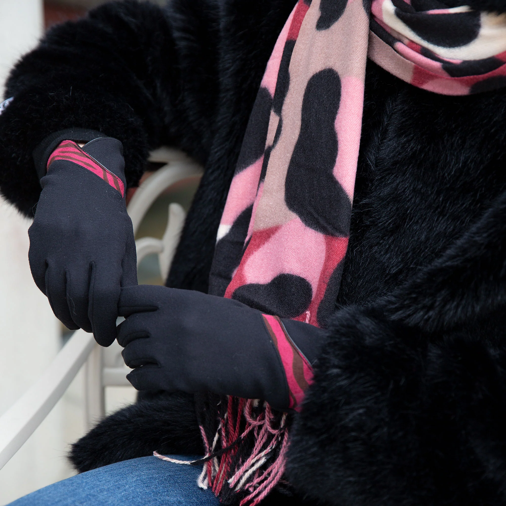 Women’s Touchscreen Velour-Lined Gloves with Zebra Print Detail - Image 3