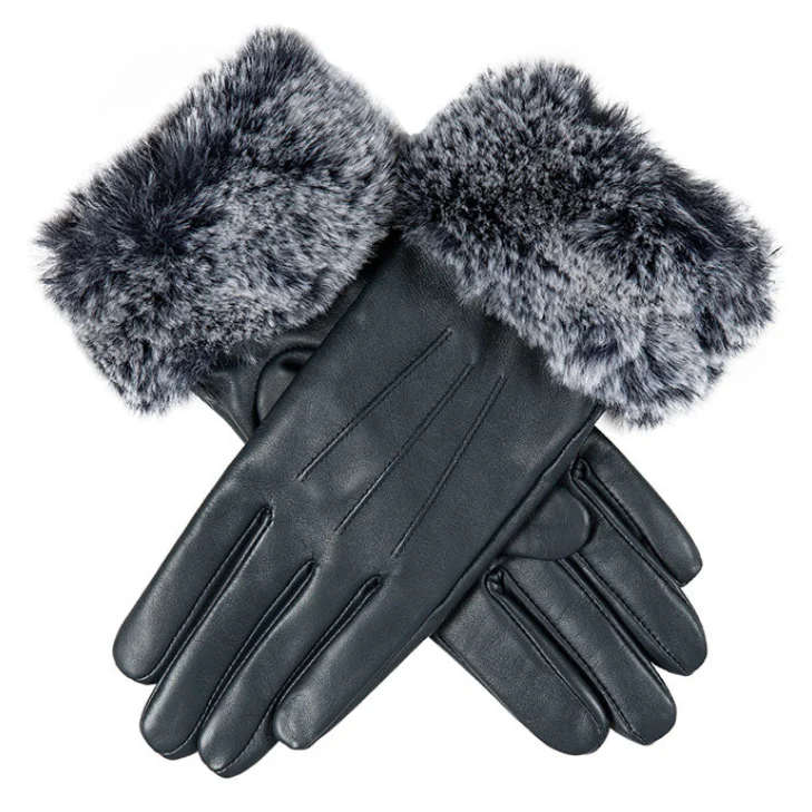 Women’s Touchscreen Three-Point Lined Leather Gloves with Faux Fur Cuffs - Image 10