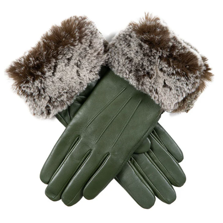 Women’s Touchscreen Three-Point Lined Leather Gloves with Faux Fur Cuffs - Image 5