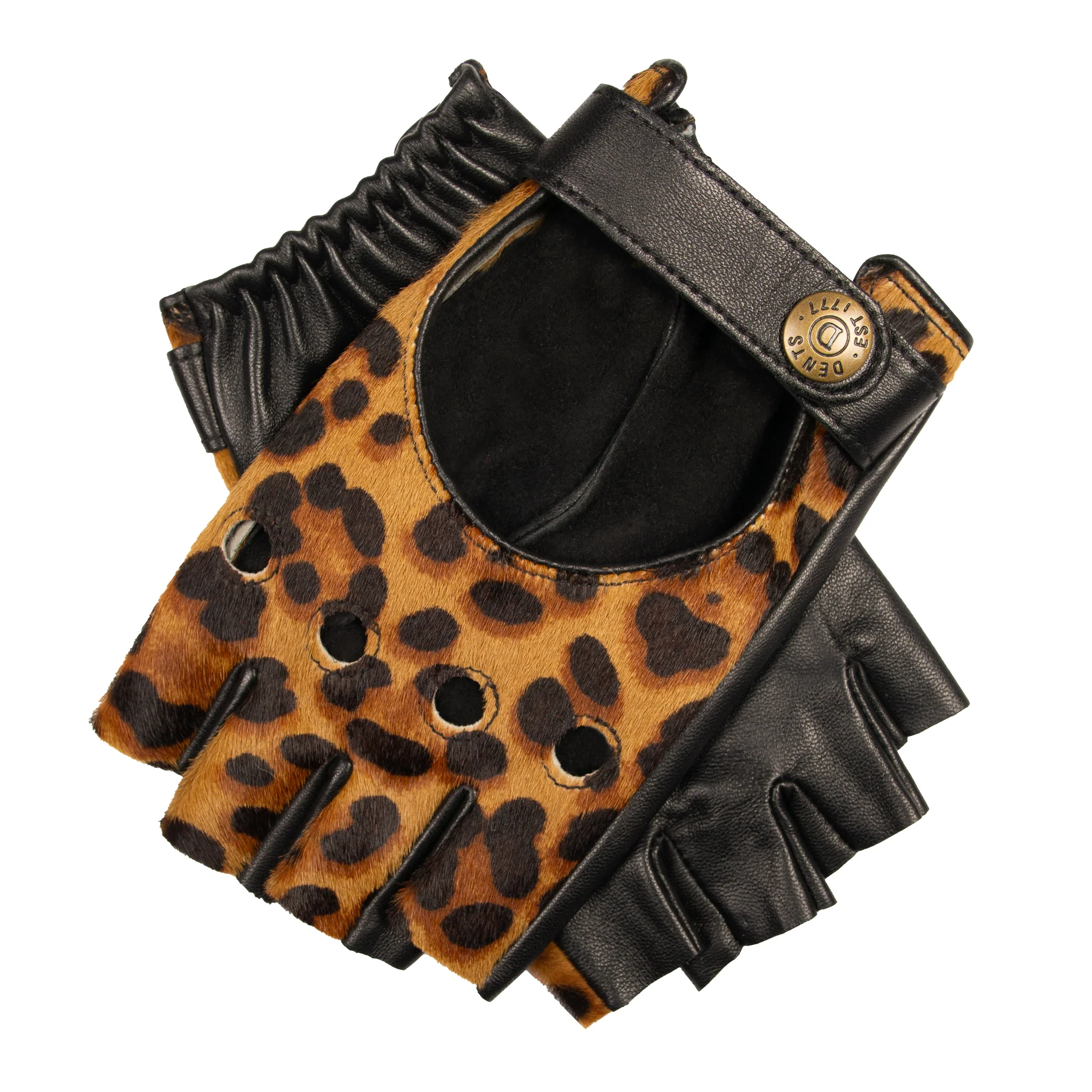 Women's Fingerless Leather Driving Gloves with Ponyskin Leopard Print Design