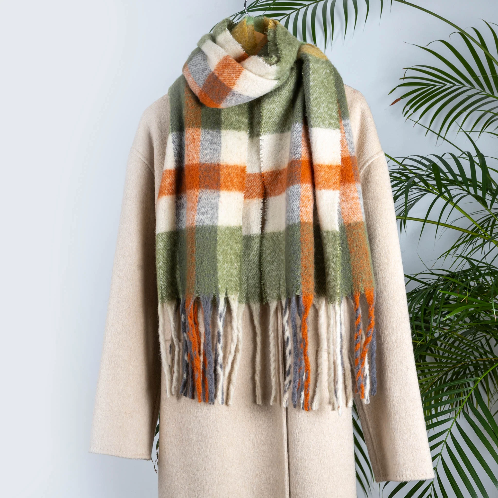 Women's Plaid Check Blanket Scarf with Tassels - Image 3