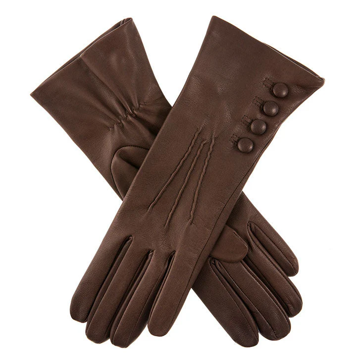 Women's Three-Point Silk-Lined Leather Gloves with Buttons