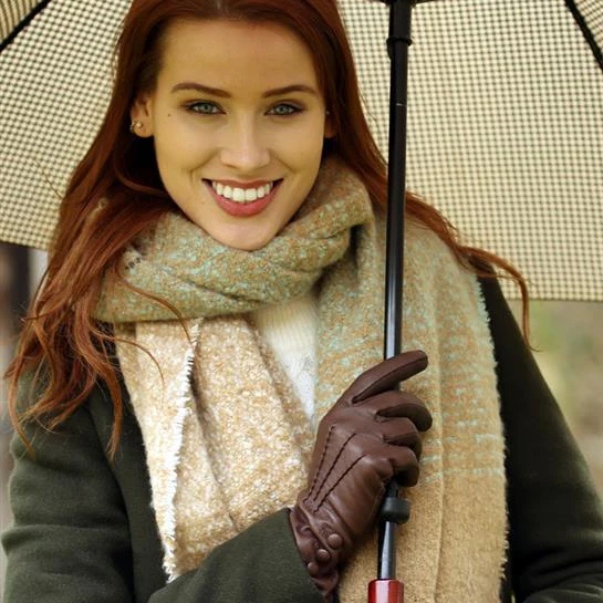 Women's Three-Point Silk-Lined Leather Gloves with Buttons - Image 2