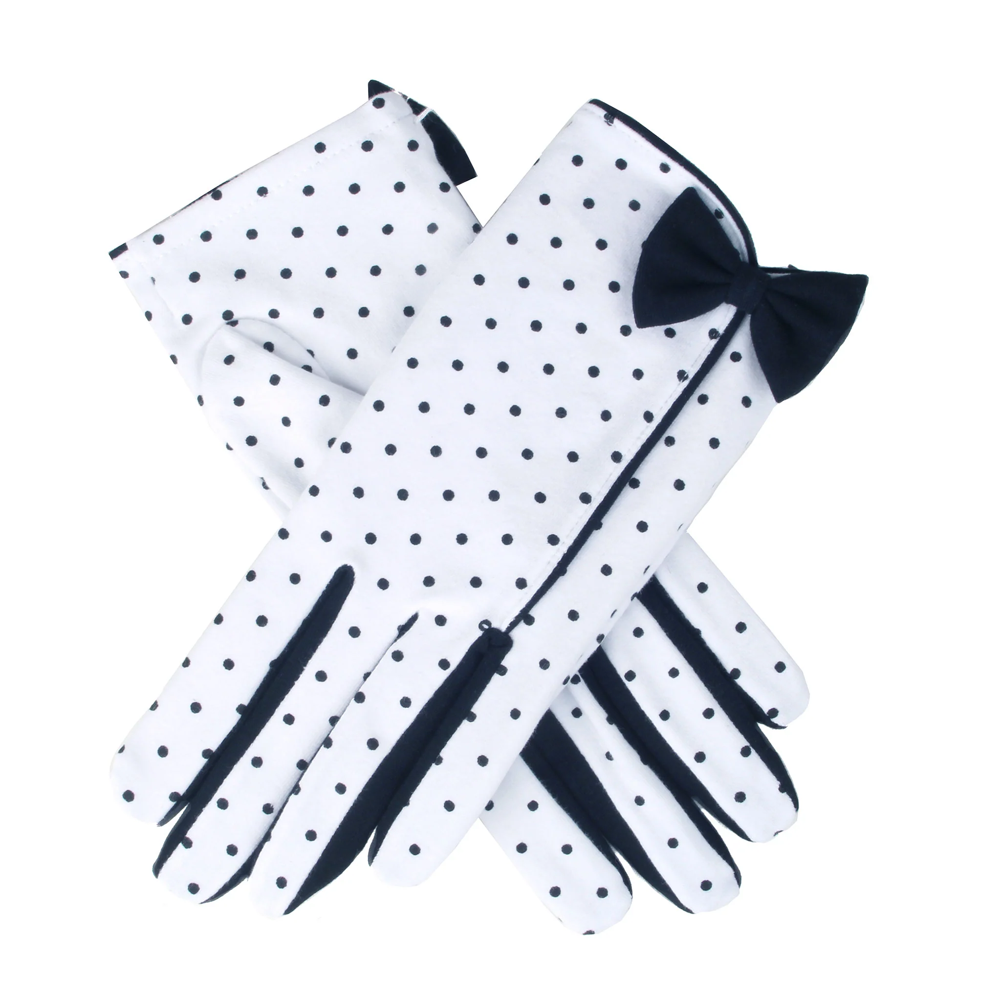 Women's Spotted Cotton Gloves with Side Bow and Trim - Image 3