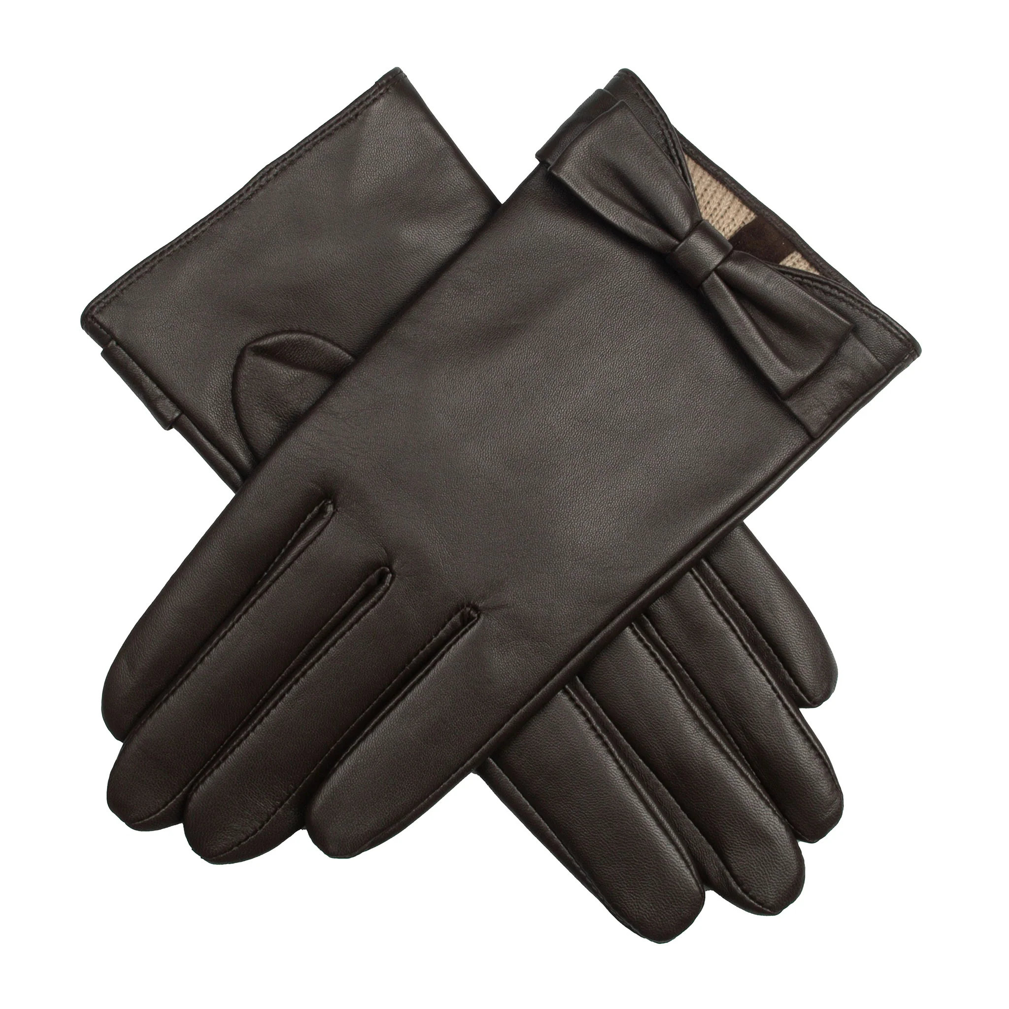 Women's Touchscreen Water-Resistant Lined Leather Gloves with Bow - Image 26