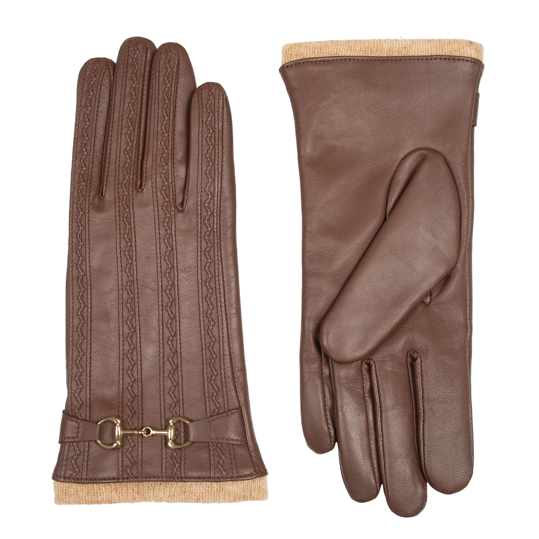 Women's Touchscreen Water-Resistant Wool Blend-Lined Leather Gloves with Snaffle and Stitch Detail - Image 4