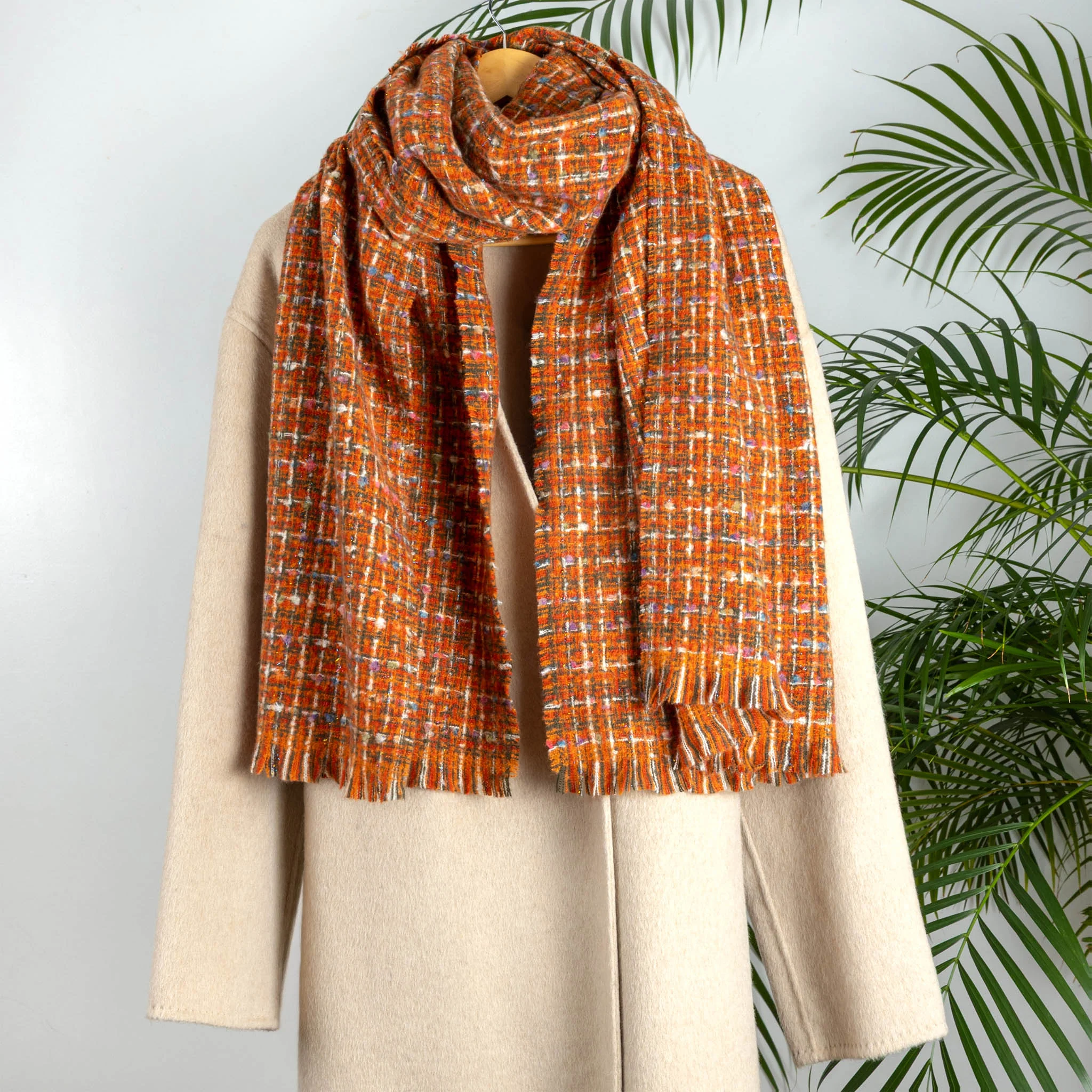 Women's Woven Scarf with Metallic Yarn and Fringe Edges - Image 4